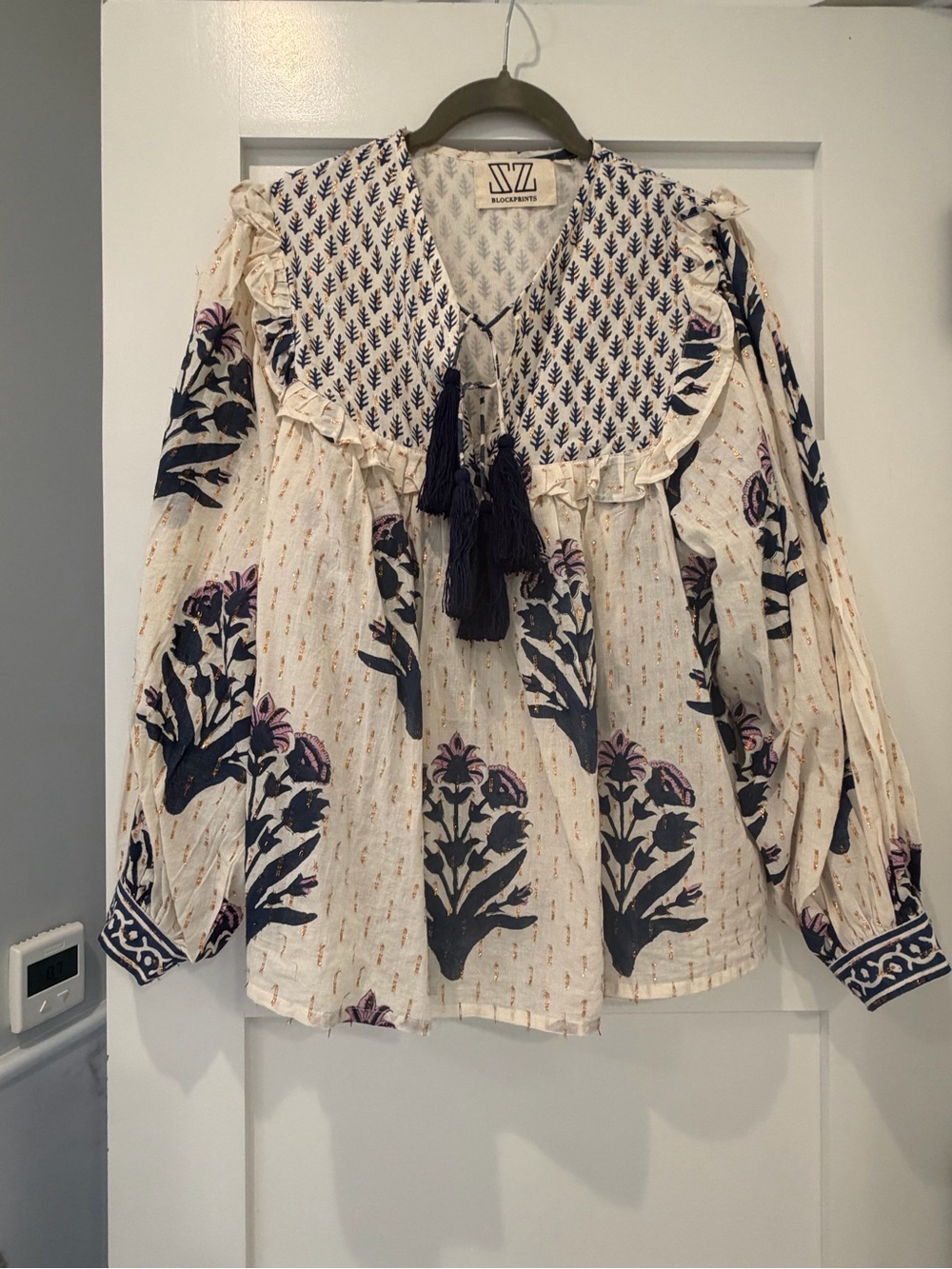 Embroidered Cream Peasant Blouse with Navy Floral Print - Picture 6 of 8